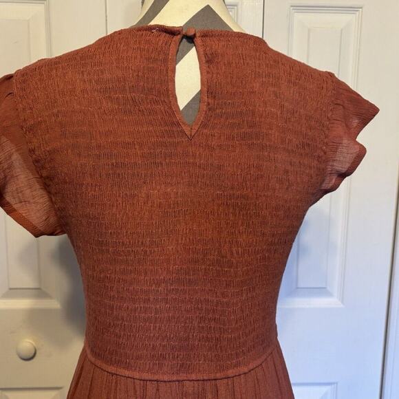 Coral Medium Flutter Sleeve Smocked Midi Dress Womens Casual Tiered Gauze - Picture 5 of 11